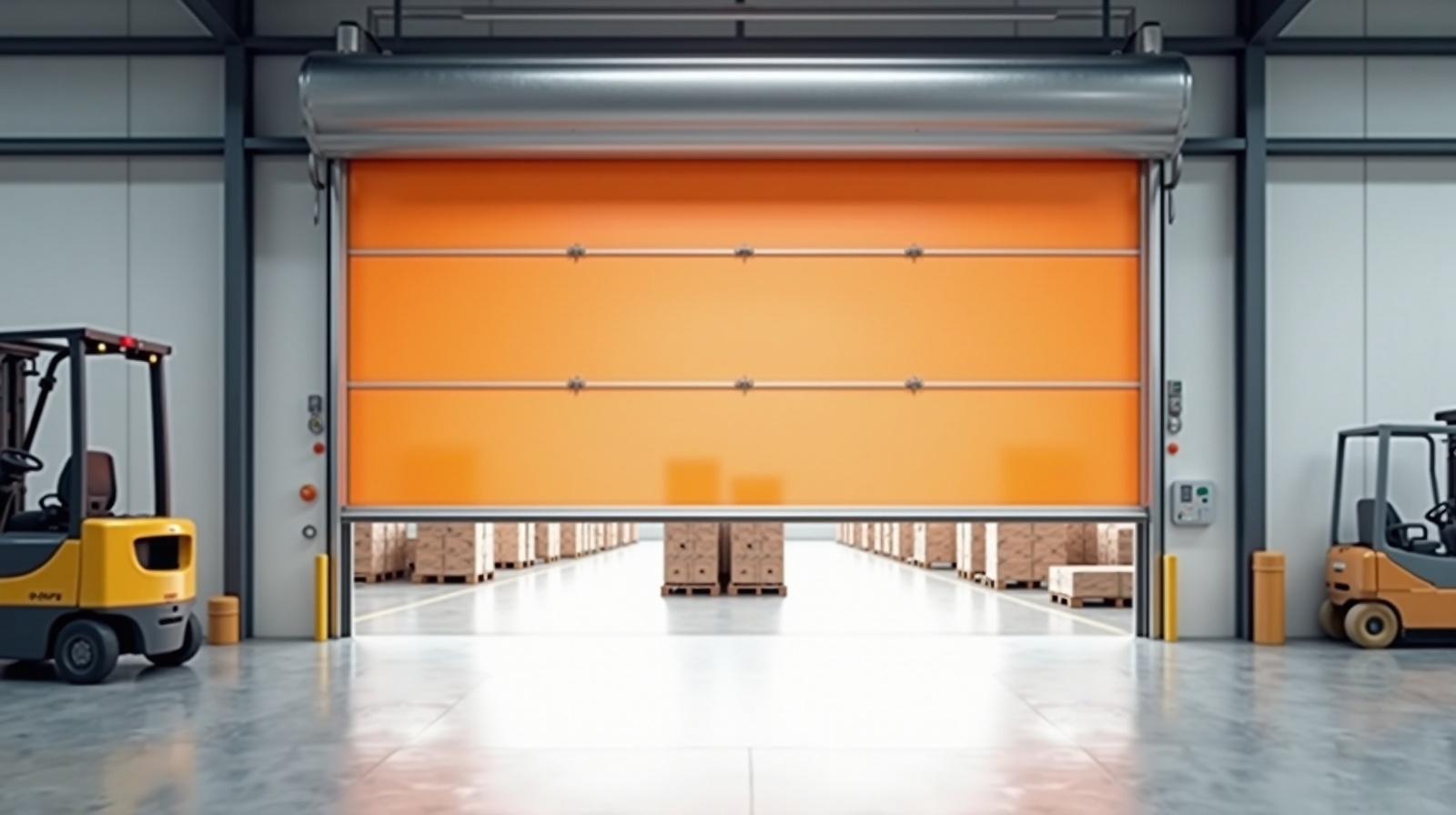Orangefarbenes Schnelllauftor mit PVC-Behang in einer hellen Logistikhalle mit Gabelstaplern