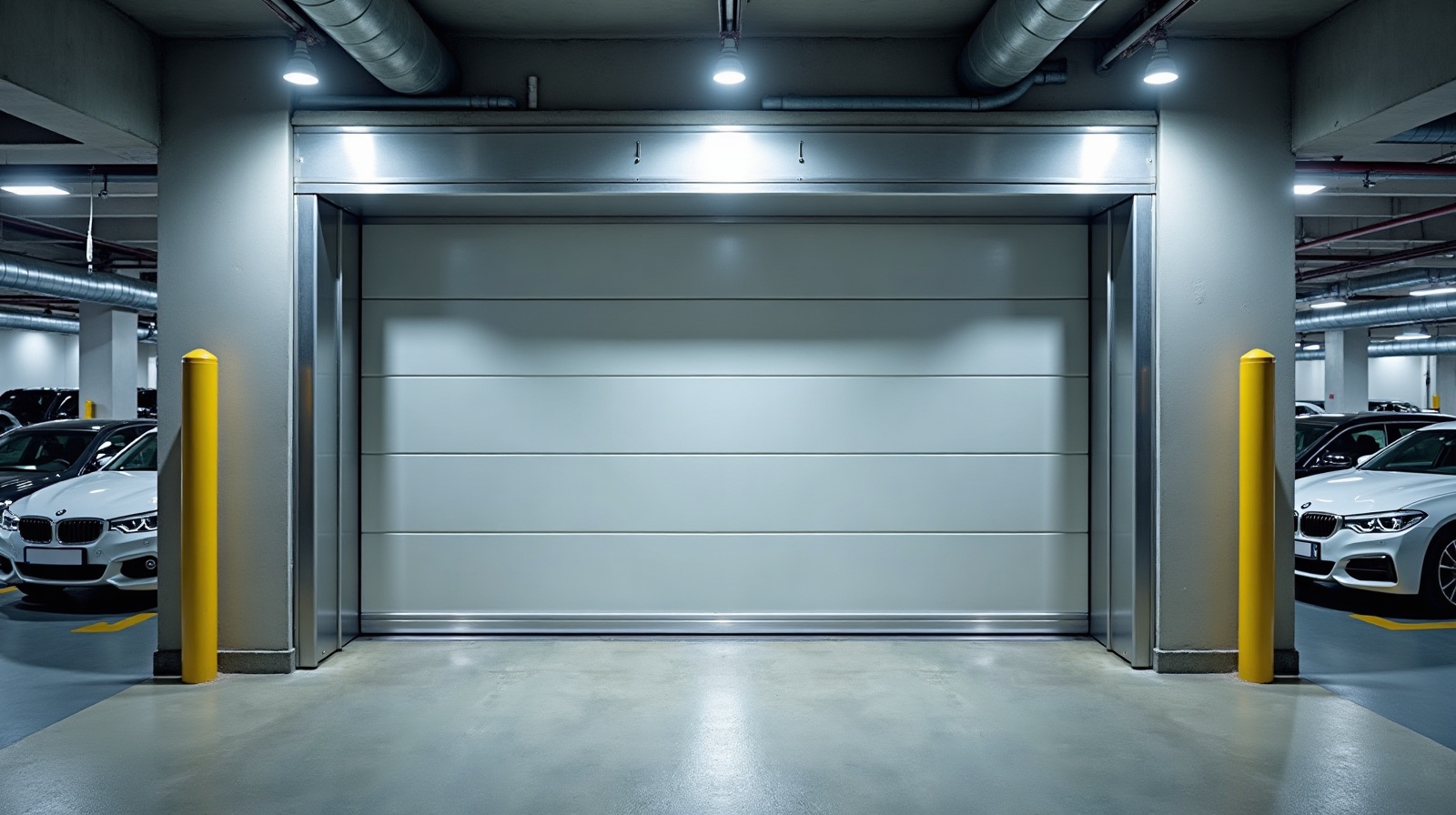 Leises Aluminium-Schnelllauftor an der Einfahrt eines Parkhauses