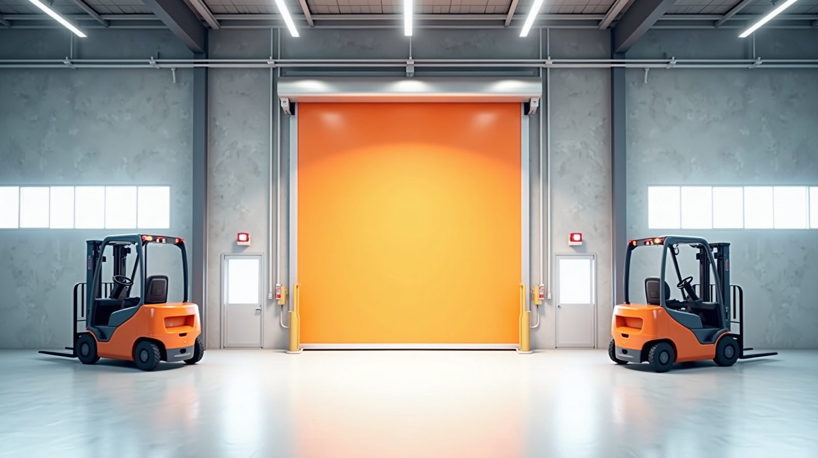 Orangefarbenes Schnelllauftor im Innenbereich einer Industriehalle