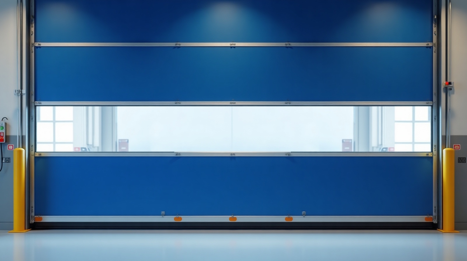 Blaues PVC-Schnelllauftor mit Sichtfenster in einer Lagerhalle