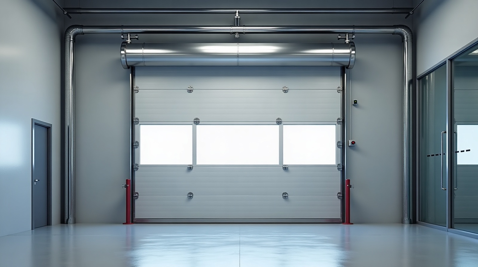 Modernes Aluminium-Spiraltor mit Verglasung an einem Industrieeingang