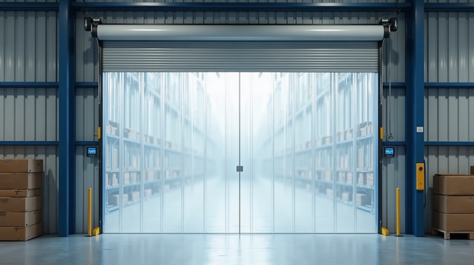 Transparenter PVC-Streifenvorhang in einer Industriedurchfahrt